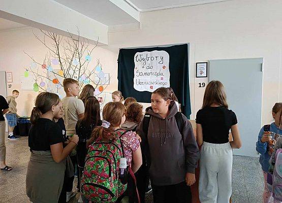 uczniowie w kolejce po karty do głosowania