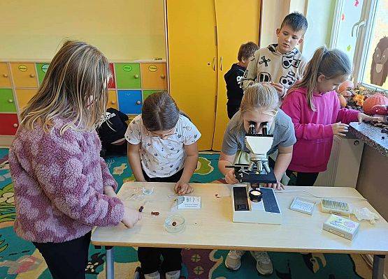 uczennica patrzy przez mikroskop