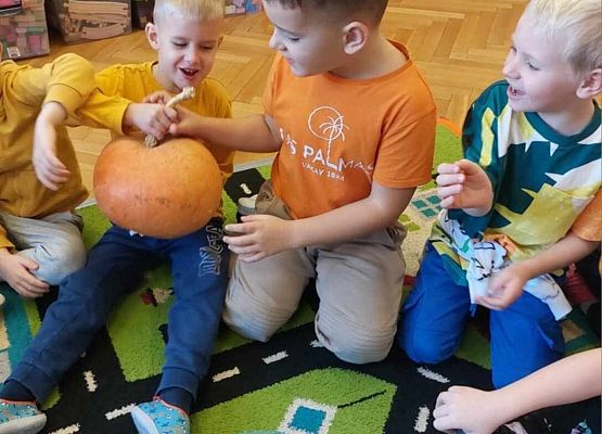 chłopcy trzymają dynie