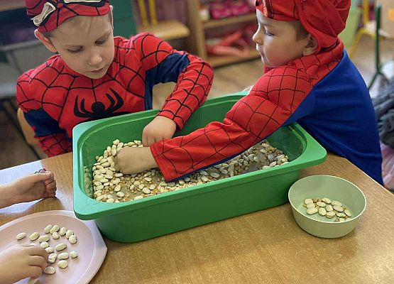 dwaj chłopcy w kolorowych strojach segregują ziarna