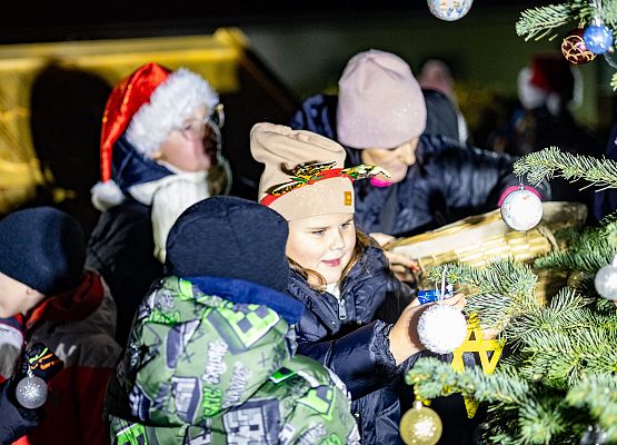 uczestnicy wydarzenia wspólnie ubierają choinkę