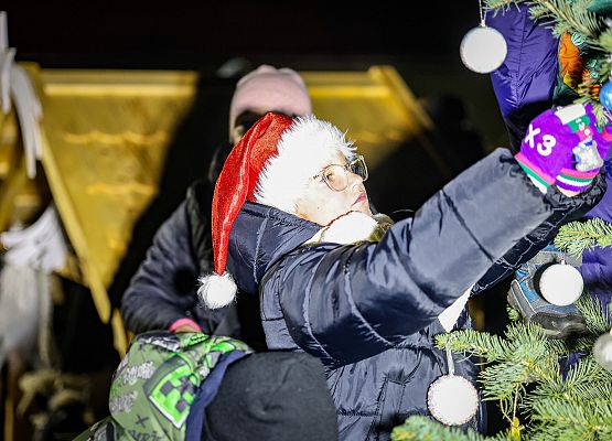uczestnicy wydarzenia wspólnie ubierają choinkę