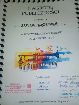 Grafika #3: NAGRODA PUBLICZNOŚCI W WOJEWÓDZKIM KONKURSIE POLSKIEJ PIOSENKI W GDAŃSKU