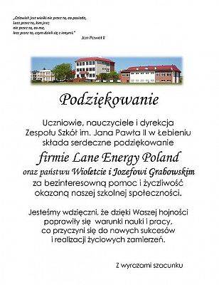 Grafika #2: Podziękowanie dla Pana Wójta, firmy Lane Energy Poland i firmy Państwa Grabowskich